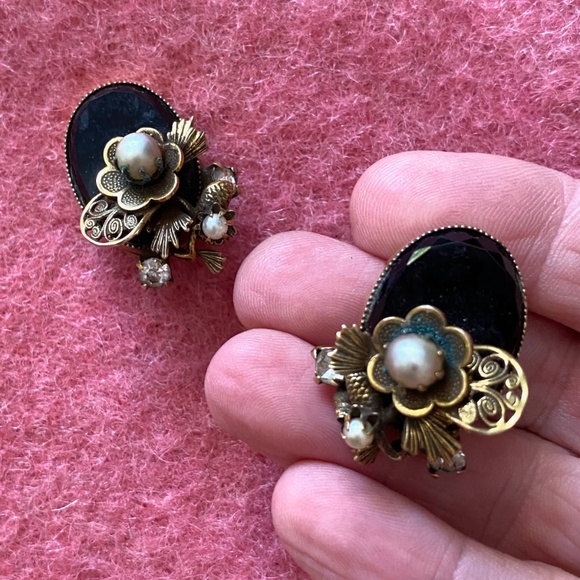 VTG 1940s 1950s Victorian Revival Pearl Necklace Clip On Earrings - Picture 5 of 11